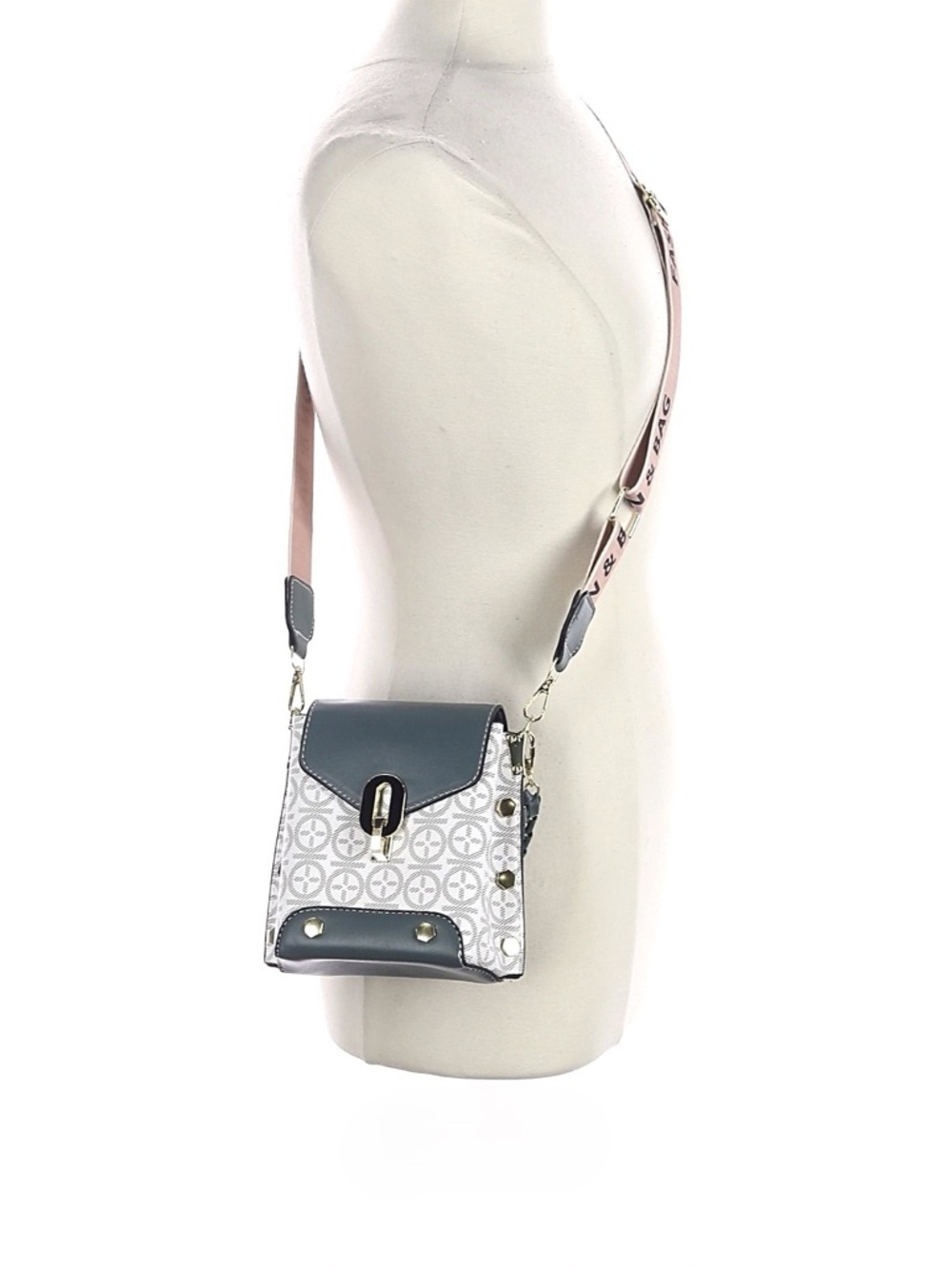 FASHION BAG ~ Green, Off White Pink Patterned Crossbody Bag w/Gold Chain Handle - Picture 13 of 14